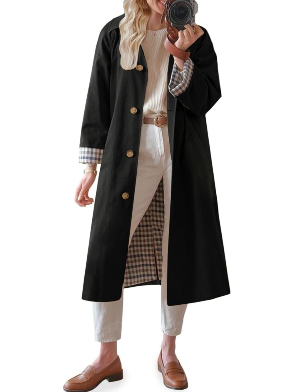 Women's Black Trench Oversized Button Down Checkered Long Sleeve Single Coat